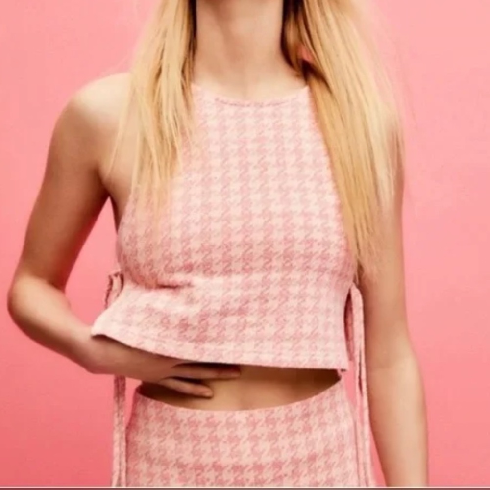 NWT Zara Pink Houndstooth Tie Crop Top with Bralette Size XS